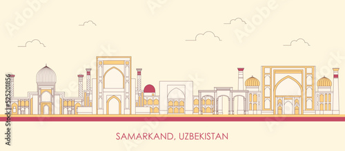 Cartoon Skyline panorama of city of Samarkand, Uzbekistan - vector illustration