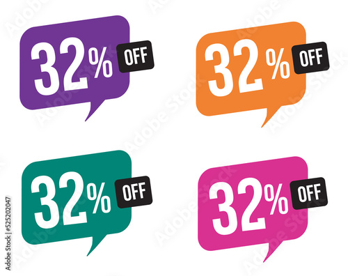 32 percent discount. purple, orange, green and pink balloons for promotions and offers. Vector Illustration on white background.