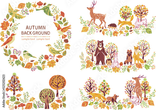 秋の紅葉・落ち葉・小鳥・動物のイラストフレームセット①