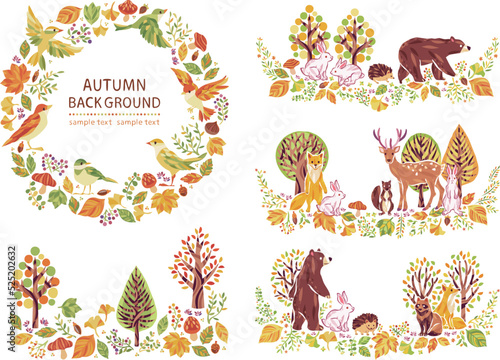 秋の紅葉・落ち葉・小鳥・動物のイラストフレームセット②	