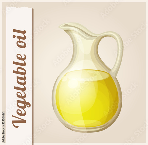 Cartoon vegetable oil bottle illustration on beige background. Organic vegetarian product food icon