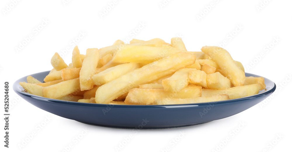 Plate with delicious french fries on white background Plate with delicious french fries on white background
