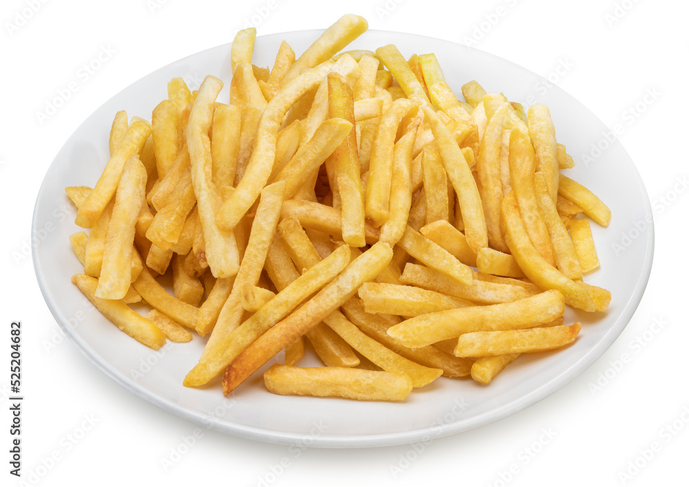 French fries in white plate isolated on white background, French fries on white plate With clipping path. French fries in white plate isolated on white background, French fries on white plate With clipping path.