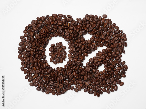0 percent in coffee beans on white background, top view. Decaffeinated drink
