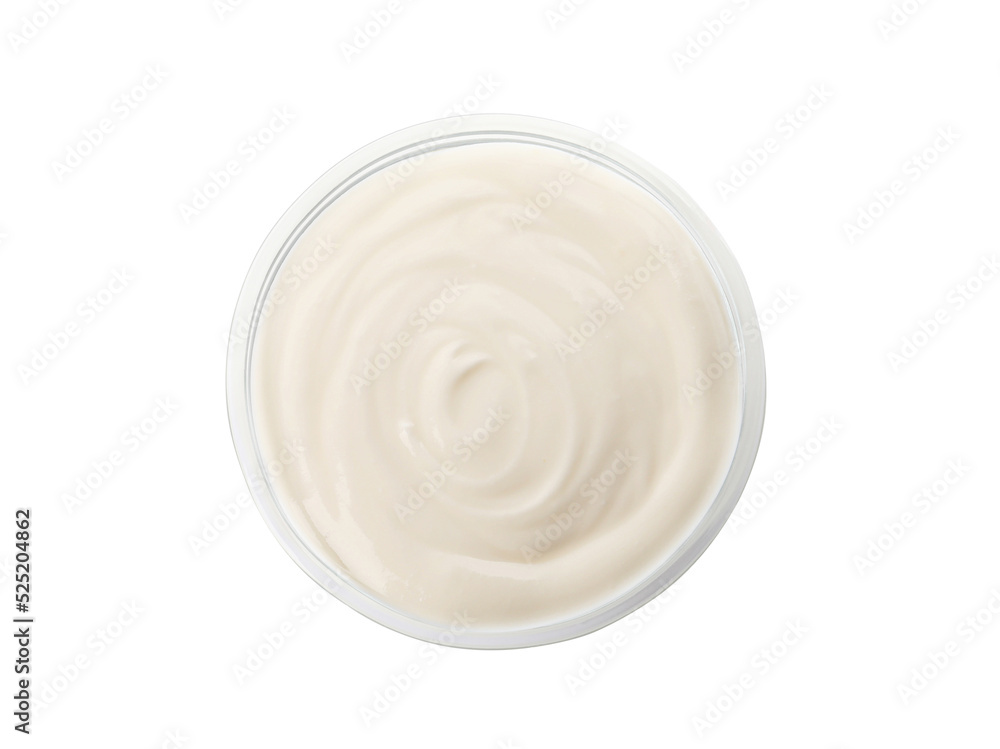 Bowl with delicious organic yogurt isolated on white, top view Bowl with delicious organic yogurt isolated on white, top view