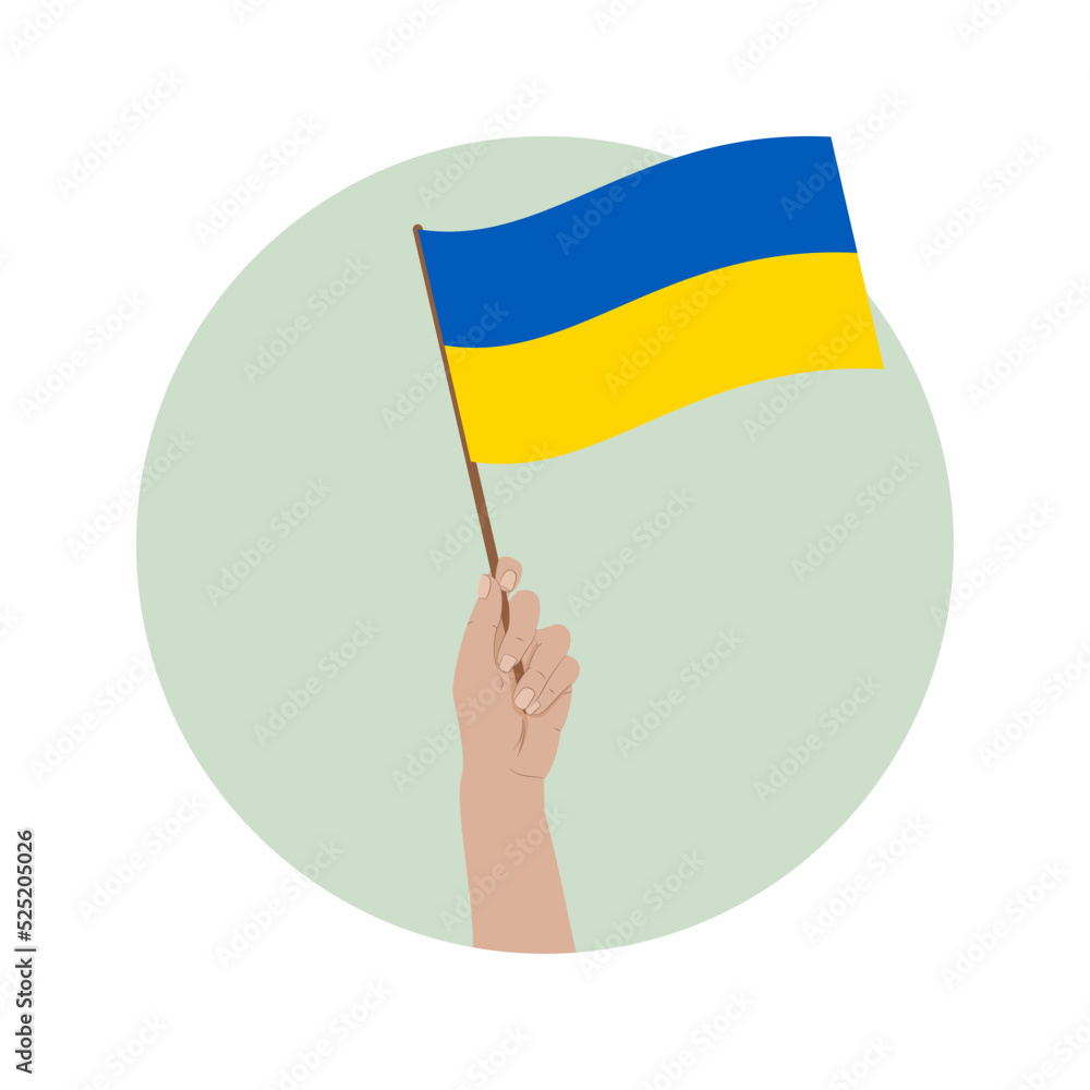 Uniesiona ręka z flagą Ukrainy na zielonym tle. Wsparcie dla Ukrainy. "Nie" dla wojny. Nadzieja i modlitwa o pokój. - obrazy, fototapety, plakaty 