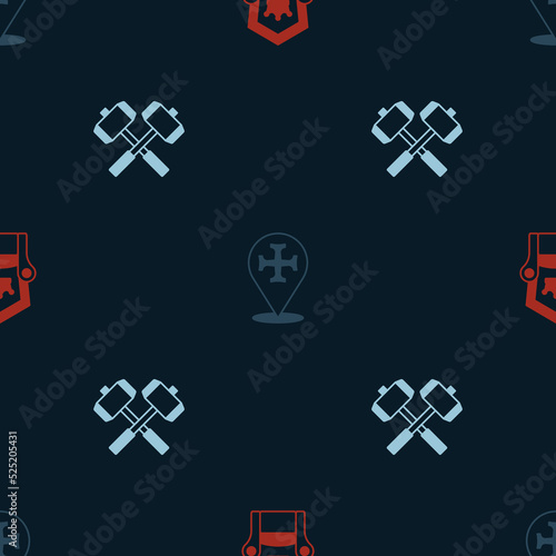 Set Medieval throne, Crusade and Crossed battle hammers on seamless pattern. Vector