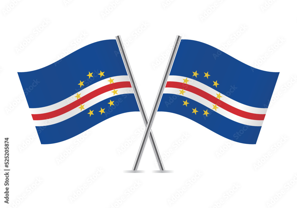 Fototapeta premium The Republic of Cabo Verde crossed flags. Cabo Verdean flags on white background. Vector icon set. Vector illustration.