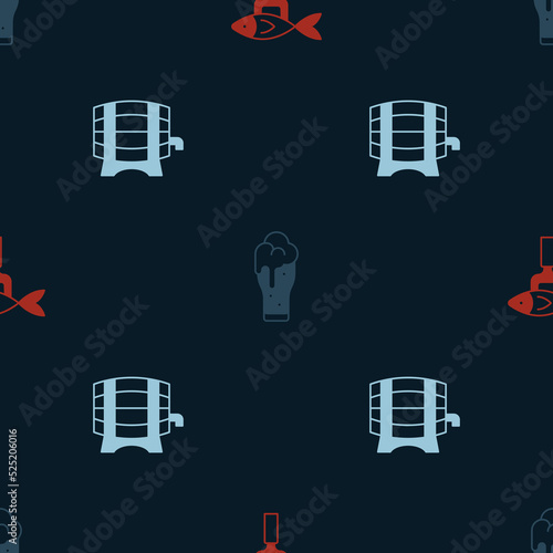 Set Dried fish, Glass of beer and Wooden barrel on rack on seamless pattern. Vector