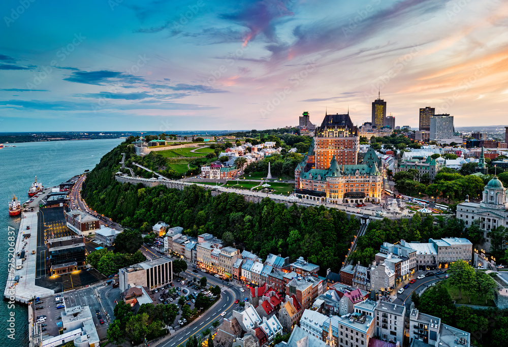 Fototapeta premium Quebec City at blue hour, aerial view
