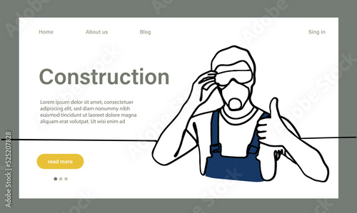 Vector landing page of architecture works with protective face masks for safety in machine industrial factory. Continuous one line drawing for your minimal design