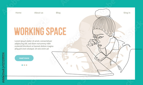 Coworking Space Landing Page Flat Cartoon Template. Freelancers Team Working Online on Laptop. Business People Sharing Open Workspace. Outline Vector Illustration