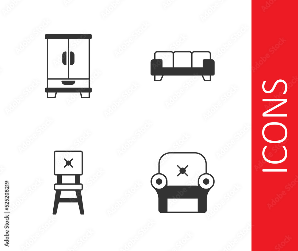 Set Armchair, Wardrobe, Chair and Sofa icon. Vector Set Armchair, Wardrobe, Chair and Sofa icon. Vector