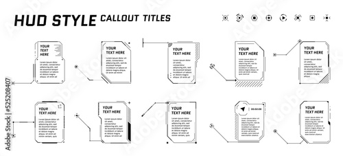 HUD futuristic style callout titles on white background. Infographic call arrow box bars and modern digital info vertical frame layout templates. Interface FUI and GUI element set. Vector illustration