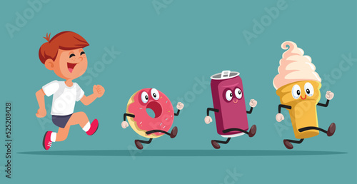 Hungry Boy Running After Delicious Treats Vector Cartoon Illustration. Child chasing unhealthy treats full of sugar and calories
