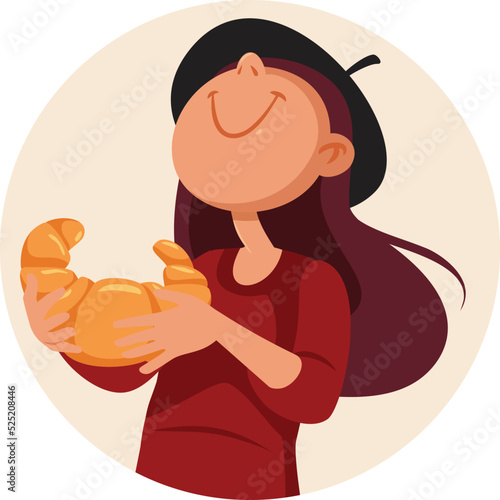 Happy Woman Wearing a Beret Holding a Croissant Vector Cartoon Illustration. Funny travel girl with traditional pastry product visiting France
