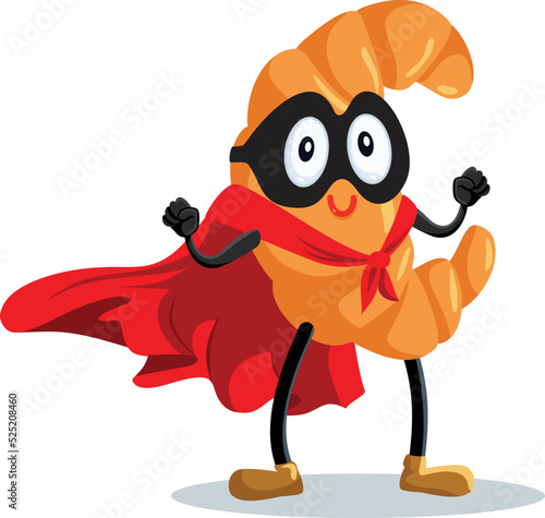 Happy Superhero Croissant Mascot Vector Cartoon Illustration. French Bakery shop mascot flexing and showing off 