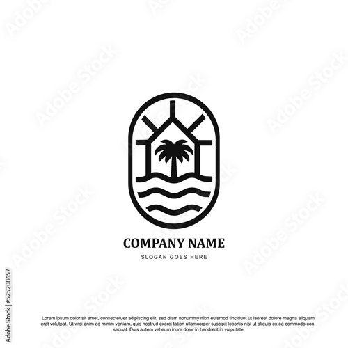 Vintage retro palm tree, wave, house and sunrise logo vector