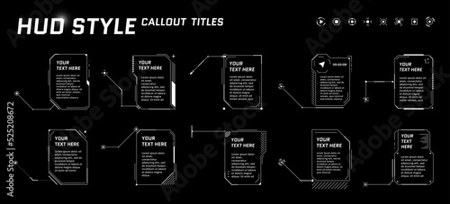 HUD futuristic style callout titles on black background. Infographic call arrow box bars and modern digital info vertical frame layout templates. Interface FUI and GUI element set. Vector illustration