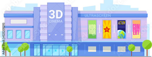 Cinema urban building, movie theater facade icon