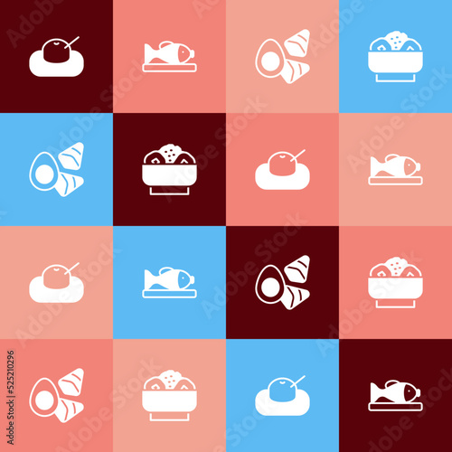 Set pop art Mochi, Served fish on a plate, Chicken egg with vegerables and Chow mein icon. Vector