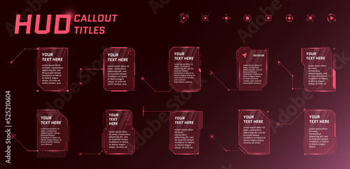 HUD futuristic style callout titles on red background. Infographic call arrow box bars and modern digital info vertical frame layout templates. Hi-tech interface FUI and GUI element set. Vector eps