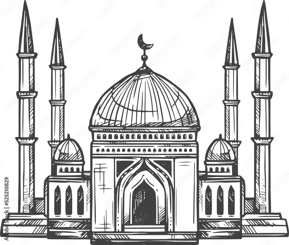 Mosque topped by crescent moon and stars isolated