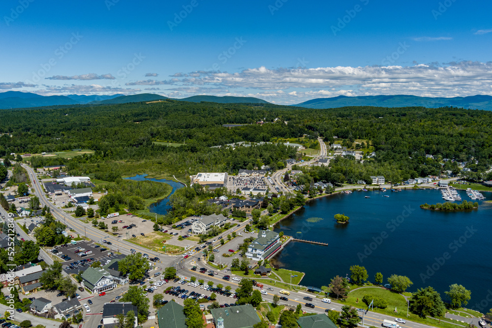 Aerial of the Town of Meredith and Lake Winnipesaukee in Belknap County, New Hampshire.