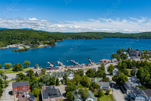 Low level aerial of the Town of Meredith and Lake Winnipesaukee in Belknap County, New Hampshire.