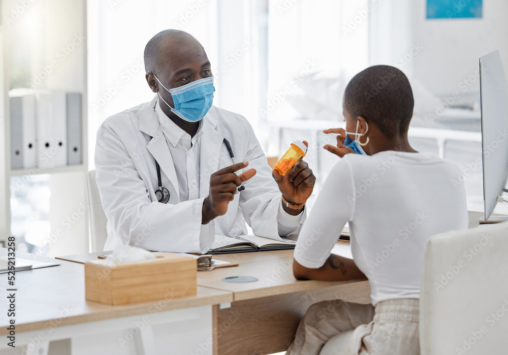 Doctor talking to covid patient of pills or medication in a hospital or clinic. Trust, help and expert advice on healthcare insurance and gp doc consulting with prescription product and face mask Doctor talking to covid patient of pills or medication in a hospital or clinic. Trust, help and expert advice on healthcare insurance and gp doc consulting with prescription product and face mask