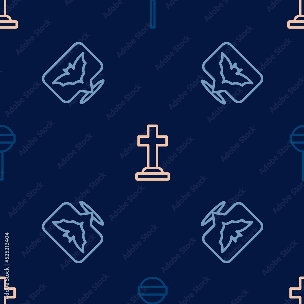 Obraz premium Set line Lollipop, Flying bat and Tombstone with cross on seamless pattern. Vector