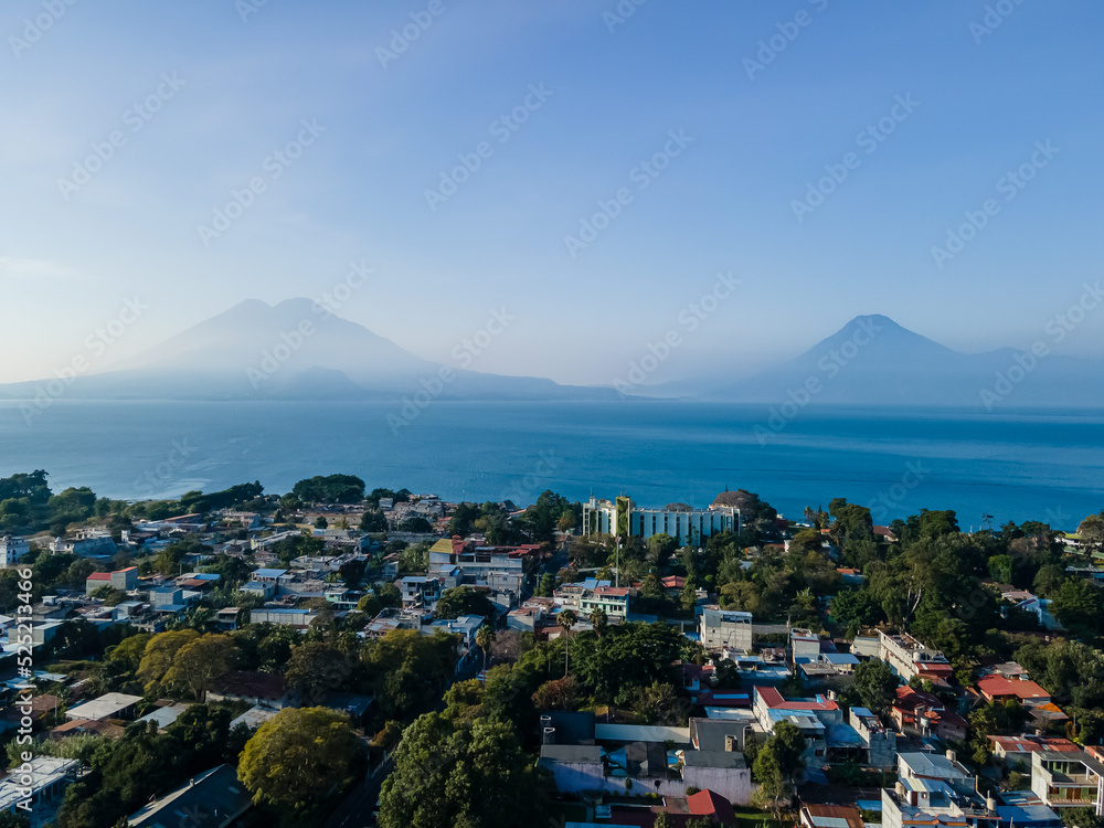 Beautiful aerial view of the Panajachel town next to the Atitlan lake in Guatemala. Beautiful aerial view of the Panajachel town next to the Atitlan lake in Guatemala.