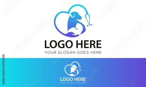 Blue Color Stethoscope Love Cat and Dog Logo Design