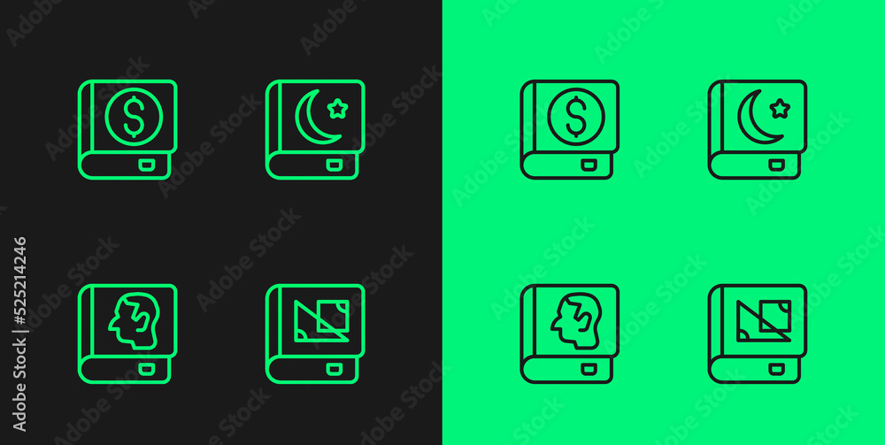 Set line Book about geometry, Law book, Financial and Holy of Koran icon. Vector Set line Book about geometry, Law book, Financial and Holy of Koran icon. Vector