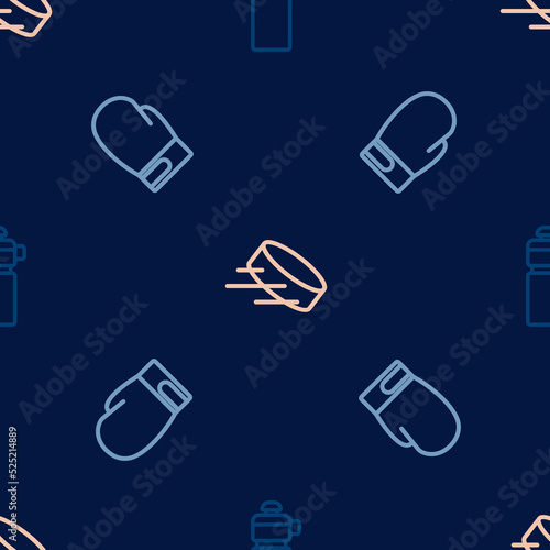 Set line Fitness shaker, Boxing glove and Hockey puck on seamless pattern. Vector