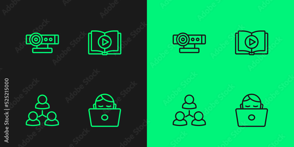 Set line Student working at laptop, Online class, Web camera and Audio book icon. Vector Set line Student working at laptop, Online class, Web camera and Audio book icon. Vector