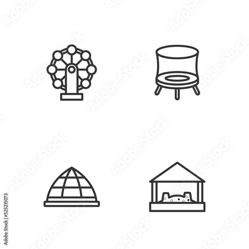 Set line Sandbox with sand, Playground climbing equipment, Ferris wheel and Jumping trampoline icon. Vector