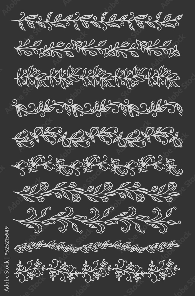 Outline floral twigs and sprigs. Border embellishments. Wedding card and certificate underline decorations and vector borders, vignette floral separators, dividers with plant leaves, berries, flowers Outline floral twigs and sprigs. Border embellishments. Wedding card and certificate underline decorations and vector borders, vignette floral separators, dividers with plant leaves, berries, flowers