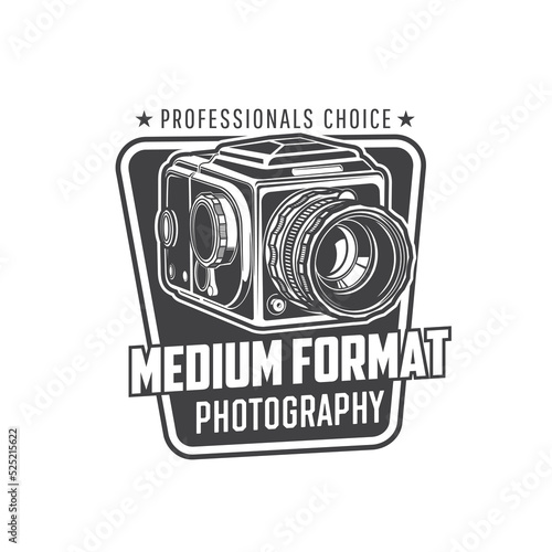 Vintage medium format camera icon, photography studio and photographer equipment, isolated vector. Old retro photo camera of analogue medium format lens and roll film