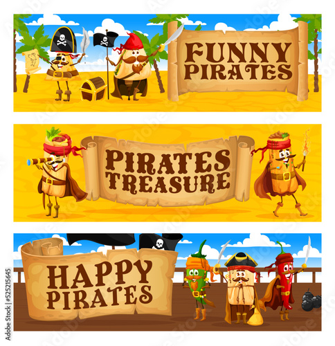 Cartoon mexican food pirate and corsair characters. Vector banners of funny tex mex personages nachos, tacos and burrito, tamales, chili and jalapeno pepper on treasure island and filibuster ship deck
