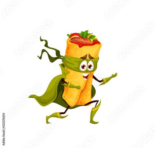 Cartoon shawarma superhero character. Street fast food takeaway meal or burger isolated cute vector personage, funny shawarma hero defender character in face mask, boots and cloak