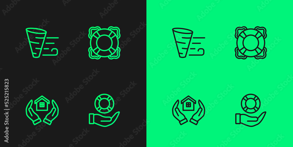 Set line Lifebuoy in hand, House, Tornado and icon. Vector Set line Lifebuoy in hand, House, Tornado and icon. Vector