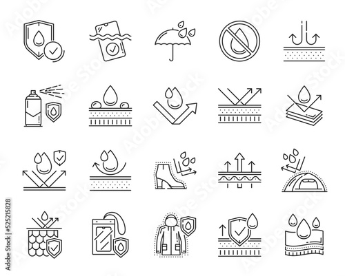 Waterproof icons, water proof fabrics line symbols, vector drops and shield. Waterproof of weather resistant material linear icons and umbrella pictograms for water proof footwear and sportswear