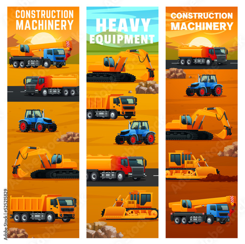 Construction machinery and industrial transport. Tractor, excavator and crane truck, dumper vehicle, tank car and bulldozer heavy equipment on construction or mining site vertical vector banner