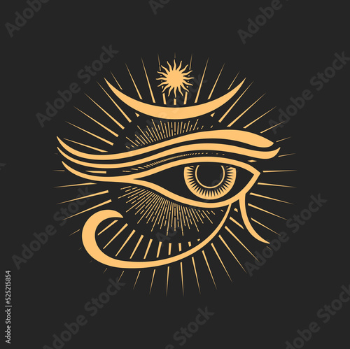 Occult esoteric symbol egyptian Horus all-seeing eye, sun with radiant rays. Vector spiritual magic emblem, isolated alchemy, wicca or pagan sign
