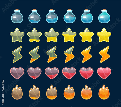 Power, health, magic strength and speed animation sprite, vector video game props. Cartoon animated heart, star, fire and potion drink or lightning icons, power energy or life health animation sprite