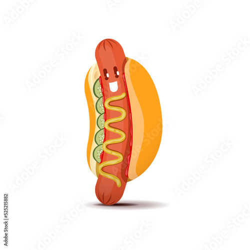 Cartoon hot dog fast food character, isolated vector hotdog street junk meal personage with sausage, mustard and cucumbers. Bistro, restaurant or takeaway cafe meal character