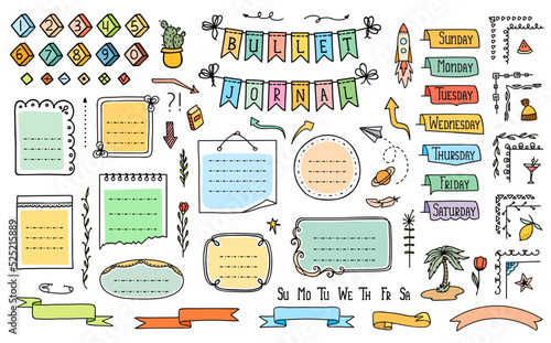Bullet journal color doodle, diary calendar or notebook frames, stickers and banners, vector element. Bullet journal page arrows or sketch book week day labels and calendar planner memo ribbons
