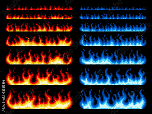 Pixel art fire, game animation of blue and red flames, vector 8 bit asset and effects. Cartoon pixel art fire or video game arcade firewall and burning bonfire, 8bit animated fireball or blaze flames
