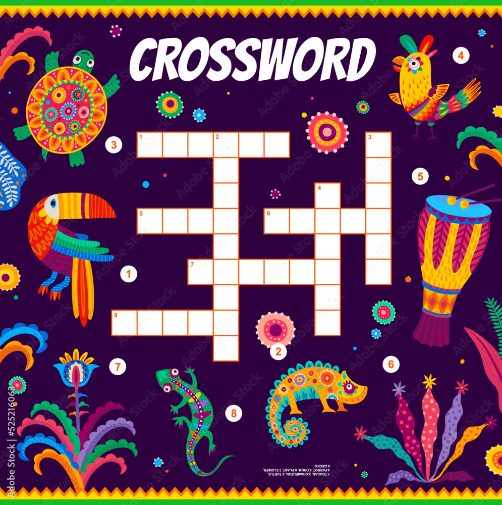 Crossword quiz game grid of mexican and brazilian animals, flowers ...